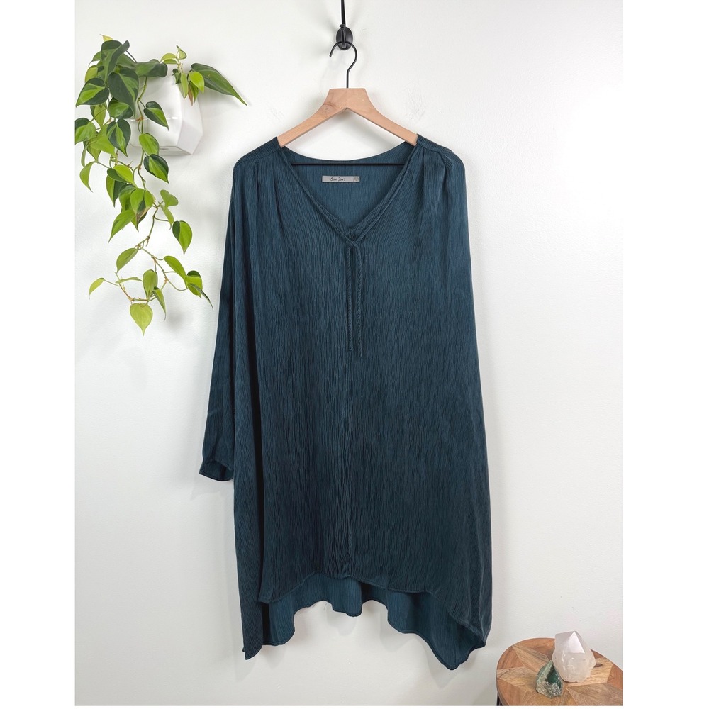Beau Jours Teal Crinkle Dress V-Neck Asymmetric Cupro Blend L Lagenlook Boho